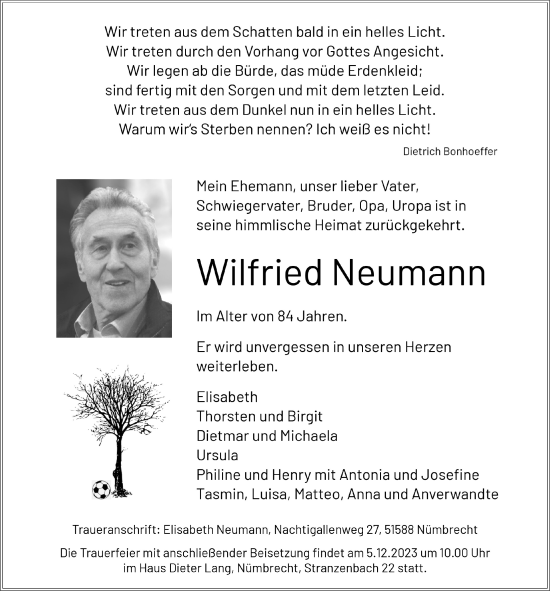 Anzeige von Wilfried Neumann von  Lokalanzeiger 