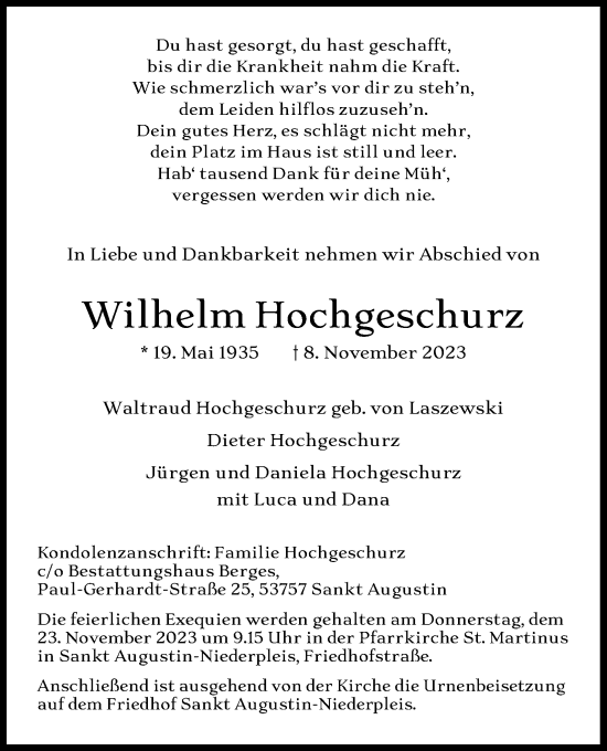 Anzeige von Wilhelm Hochgeschurz von Kölner Stadt-Anzeiger / Kölnische Rundschau / Express