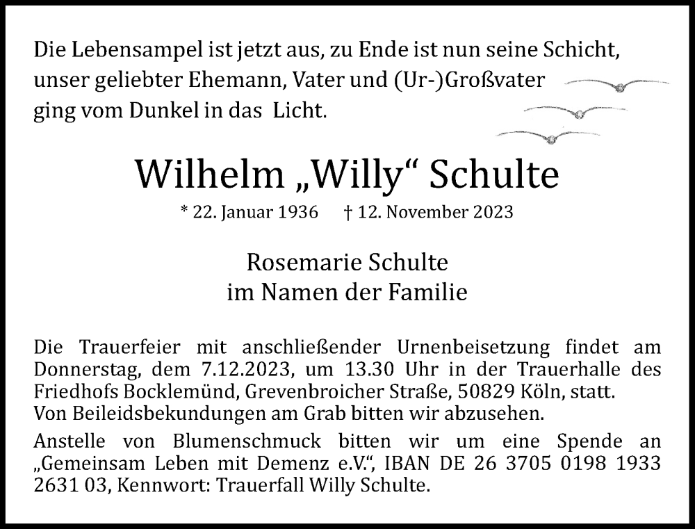  Traueranzeige für Wilhelm Schulte vom 25.11.2023 aus Kölner Stadt-Anzeiger / Kölnische Rundschau / Express