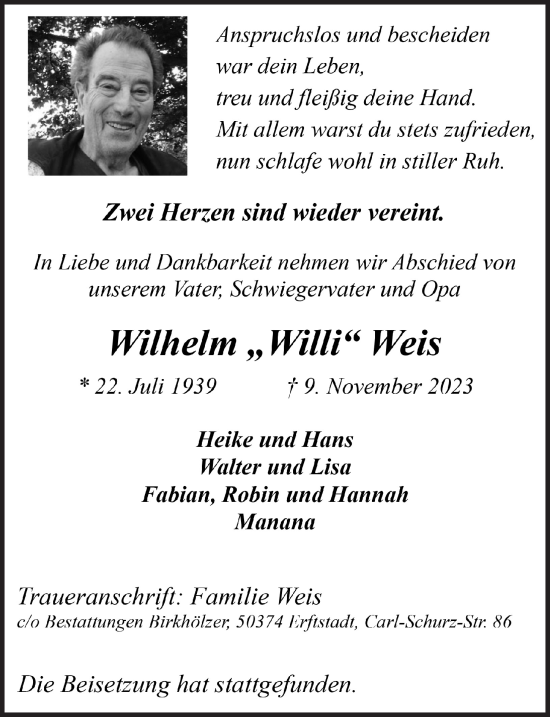 Anzeige von Wilhelm Weis von  Werbepost 