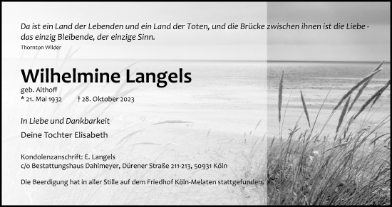 Anzeige von Wilhelmine Langels von Kölner Stadt-Anzeiger / Kölnische Rundschau / Express