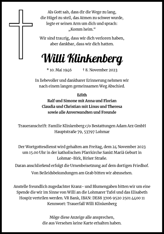 Anzeige von Willi Klinkenberg von Kölner Stadt-Anzeiger / Kölnische Rundschau / Express