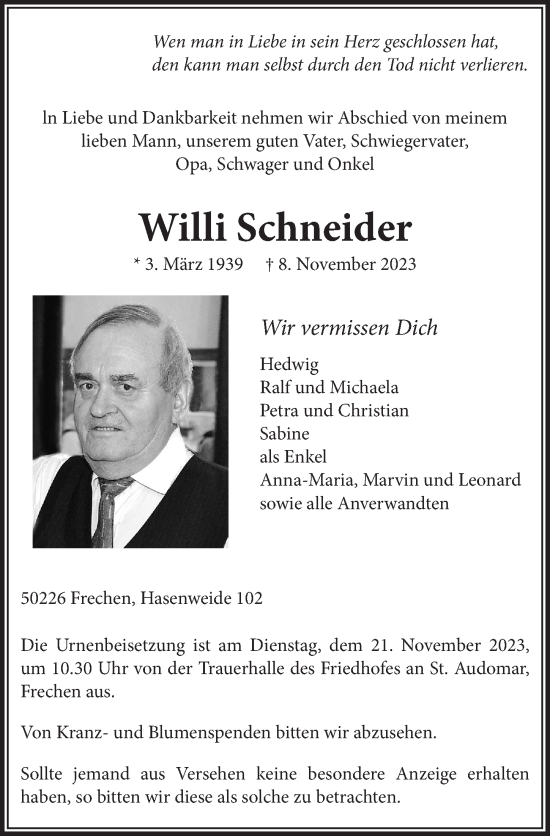 Anzeige von Willi Schneider von  Wochenende 