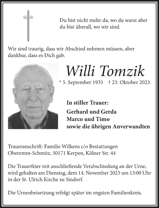 Anzeige von Willi Tomzik von  Werbepost 