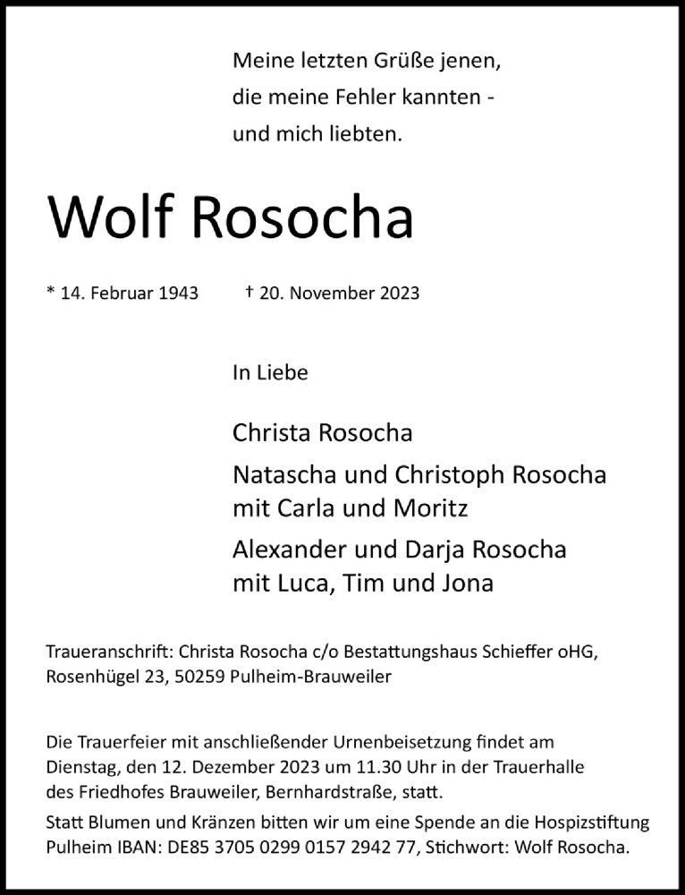  Traueranzeige für Wolf Rosocha vom 01.12.2023 aus  Wochenende 