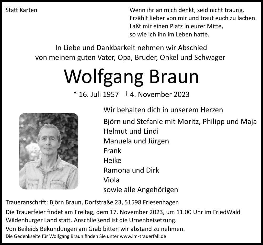  Traueranzeige für Wolfgang Braun vom 10.11.2023 aus  Anzeigen Echo  Lokalanzeiger 