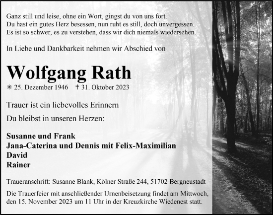 Anzeige von Wolfgang Rath von  Anzeigen Echo 