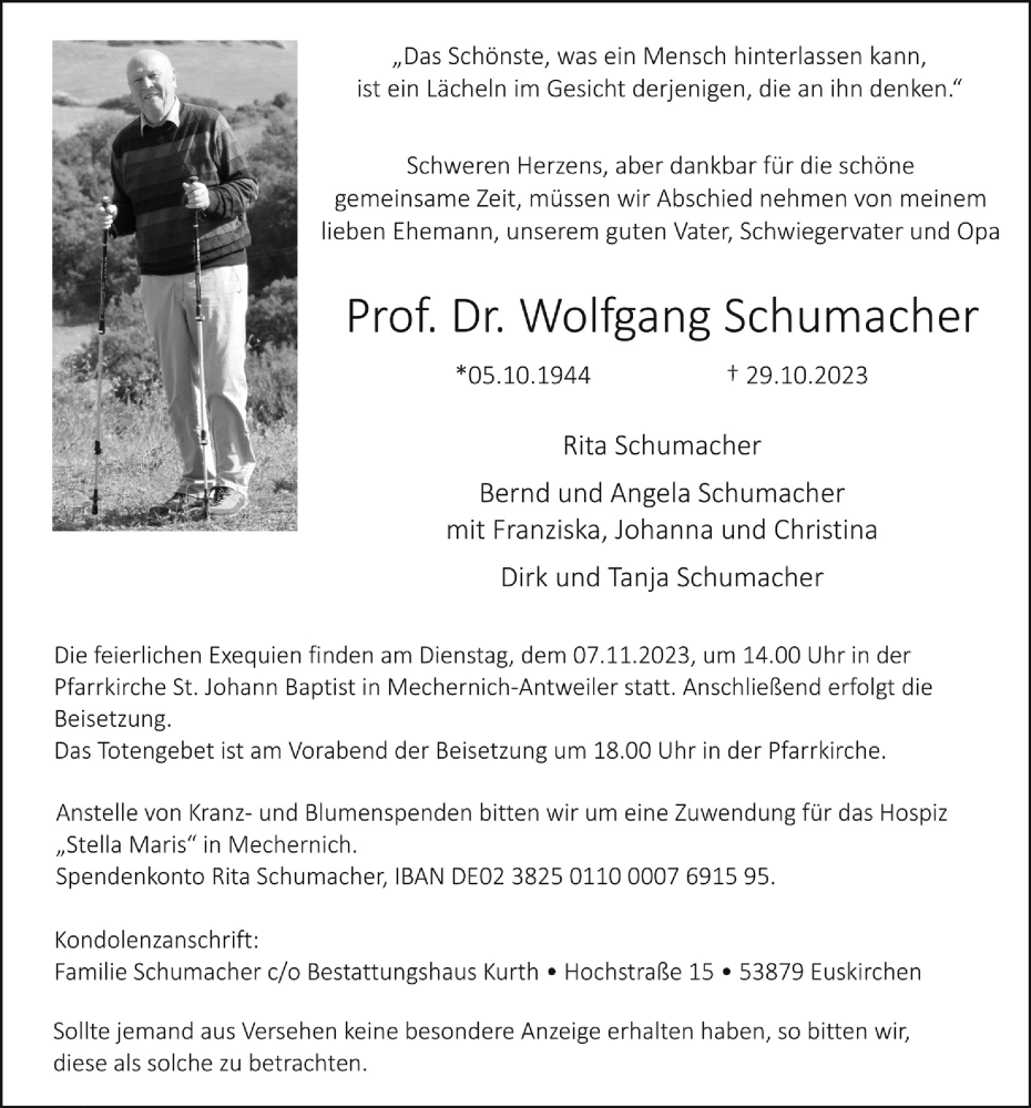  Traueranzeige für Wolfgang Schumacher vom 04.11.2023 aus  Blickpunkt Euskirchen 