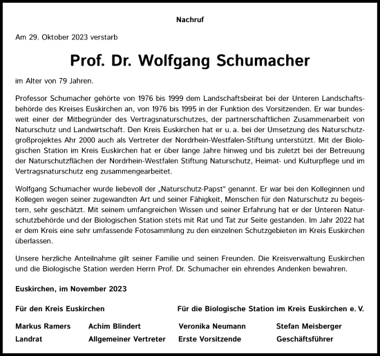 Anzeige von Wolfgang Schumacher von Kölner Stadt-Anzeiger / Kölnische Rundschau / Express
