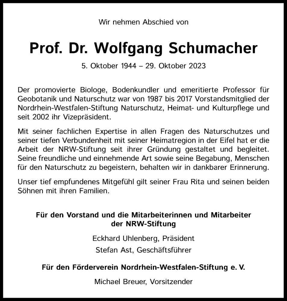  Traueranzeige für Wolfgang Schumacher vom 04.11.2023 aus Kölner Stadt-Anzeiger / Kölnische Rundschau / Express