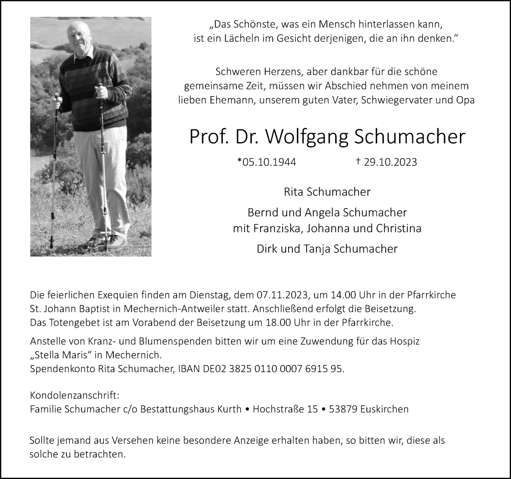  Traueranzeige für Wolfgang Schumacher vom 04.11.2023 aus Kölner Stadt-Anzeiger / Kölnische Rundschau / Express