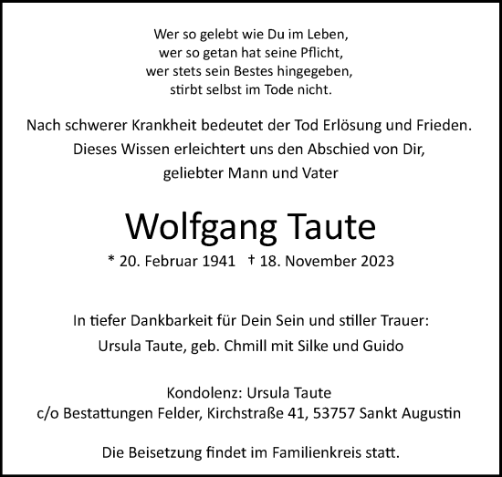 Anzeige von Wolfgang Taute von Kölner Stadt-Anzeiger / Kölnische Rundschau / Express