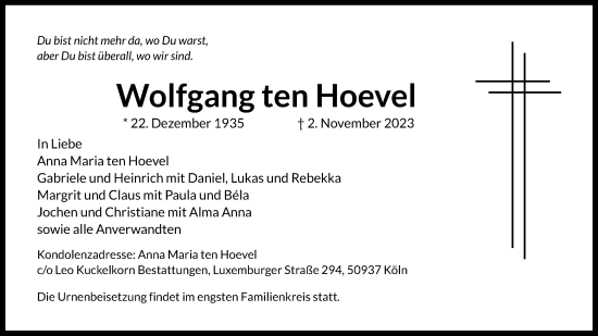Anzeige von Wolfgang ten Hoevel von Kölner Stadt-Anzeiger / Kölnische Rundschau / Express