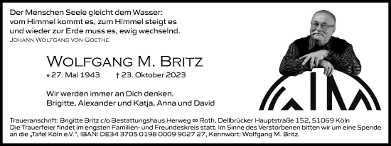 Anzeige von Wolfgang M. Britz von Kölner Stadt-Anzeiger / Kölnische Rundschau / Express