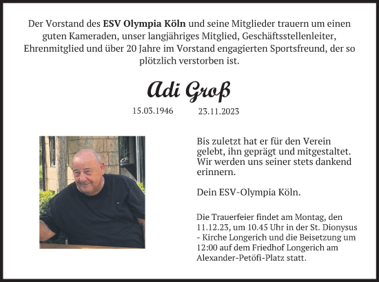 Anzeige von Adi Groß von Kölner Stadt-Anzeiger / Kölnische Rundschau / Express