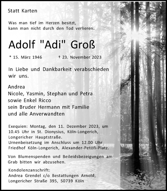 Anzeige von Adolf Groß von Kölner Stadt-Anzeiger / Kölnische Rundschau / Express