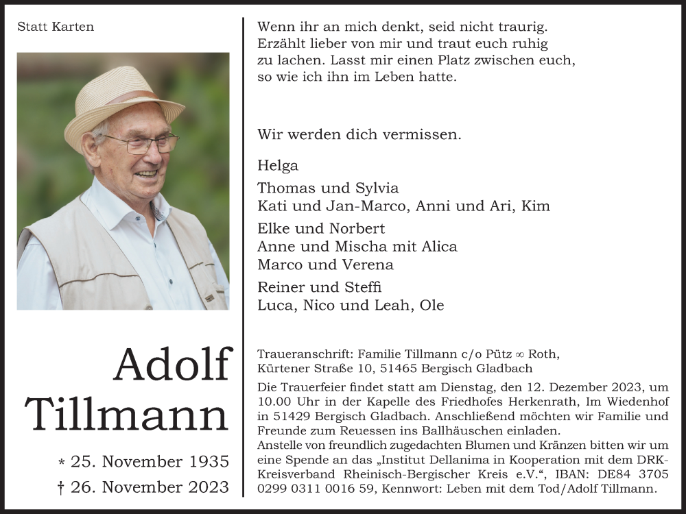  Traueranzeige für Adolf Tillmann vom 02.12.2023 aus Kölner Stadt-Anzeiger / Kölnische Rundschau / Express