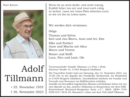 Anzeige von Adolf Tillmann von Kölner Stadt-Anzeiger / Kölnische Rundschau / Express