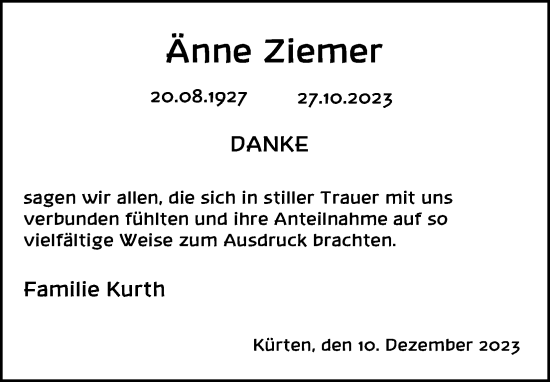 Anzeige von Änne Ziemer von Kölner Stadt-Anzeiger / Kölnische Rundschau / Express
