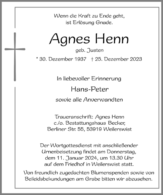 Anzeige von Agnes Henn von  Blickpunkt Euskirchen 