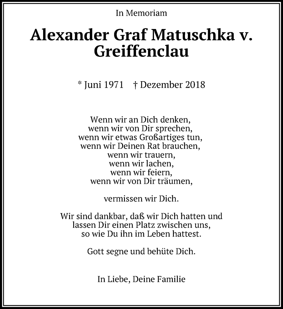  Traueranzeige für Alexander Graf Matuschka v. Greiffenclau vom 30.12.2023 aus Kölner Stadt-Anzeiger / Kölnische Rundschau / Express