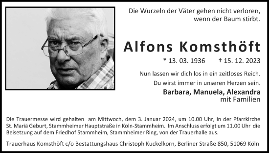 Anzeige von Alfons Komsthöft von Kölner Stadt-Anzeiger / Kölnische Rundschau / Express