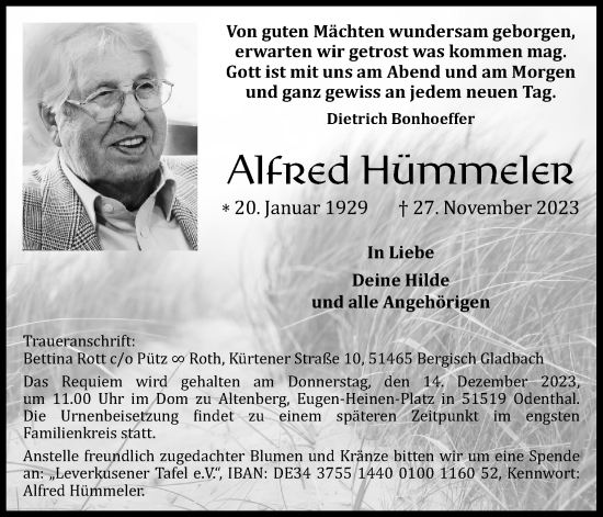 Anzeige von Alfred Hümmeler von Kölner Stadt-Anzeiger / Kölnische Rundschau / Express