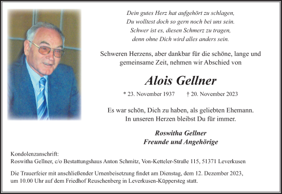 Anzeige von Alois Gellner von Kölner Stadt-Anzeiger / Kölnische Rundschau / Express