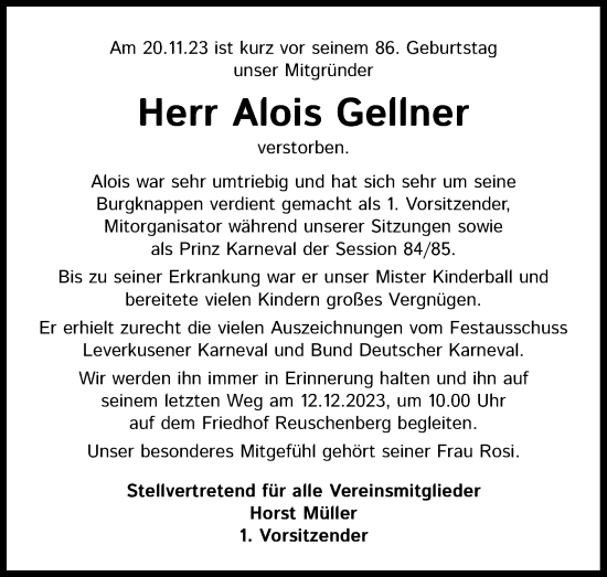 Anzeige von Alois Gellner von Kölner Stadt-Anzeiger / Kölnische Rundschau / Express