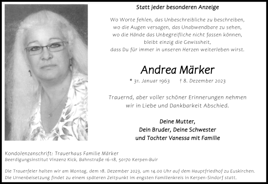 Anzeige von Andrea Märker von Kölner Stadt-Anzeiger / Kölnische Rundschau / Express