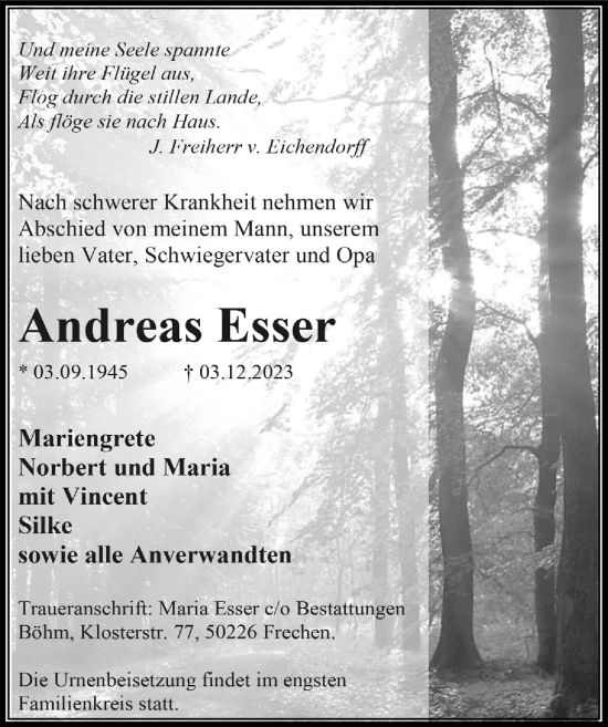 Anzeige von Andreas Esser von  Wochenende 