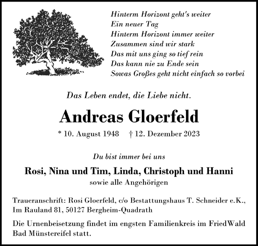  Traueranzeige für Andreas Gloerfeld vom 22.12.2023 aus  Werbepost 