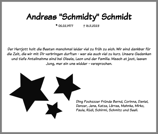 Anzeige von Andreas Schmidt von Kölner Stadt-Anzeiger / Kölnische Rundschau / Express