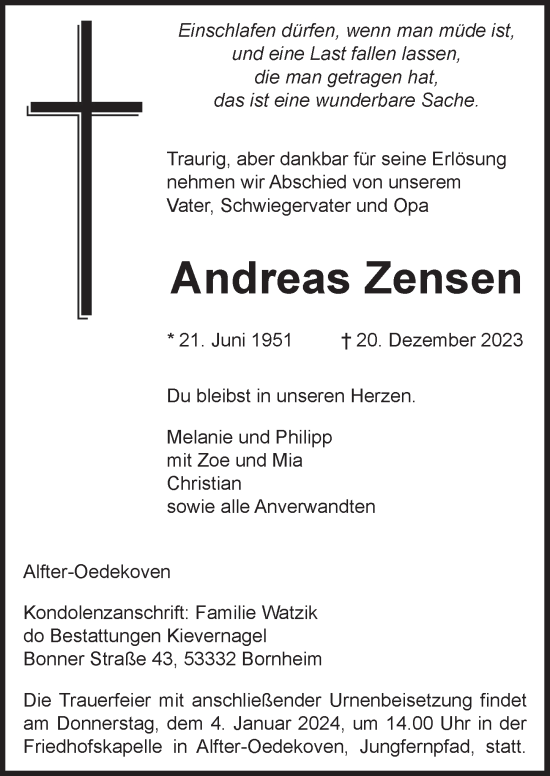 Anzeige von Andreas Zensen von  Schaufenster/Blickpunkt 