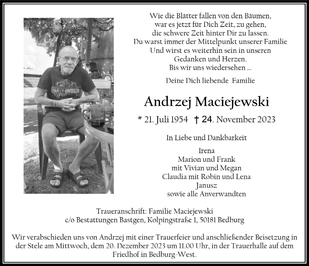  Traueranzeige für Andrzej Maciejewski vom 08.12.2023 aus  Werbepost 