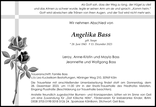 Anzeige von Angelika Bass von Kölner Stadt-Anzeiger / Kölnische Rundschau / Express
