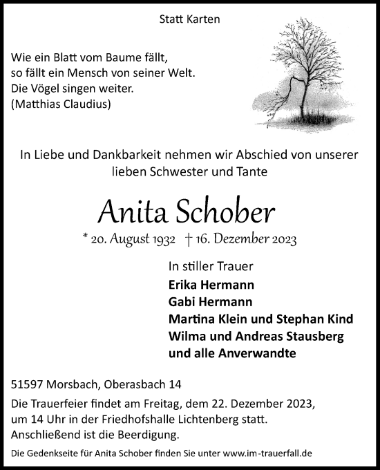Anzeige von Anita Schober von Kölner Stadt-Anzeiger / Kölnische Rundschau / Express