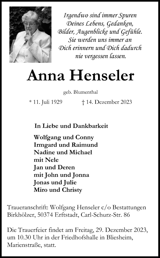Anzeige von Anna Henseler von Kölner Stadt-Anzeiger / Kölnische Rundschau / Express