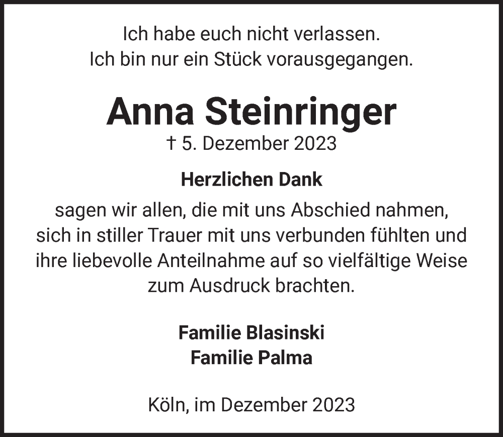  Traueranzeige für Anna Steinringer vom 29.12.2023 aus  EXPRESS - Die Woche 