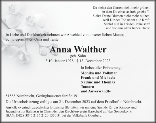 Anzeige von Anna Walther von  Lokalanzeiger 