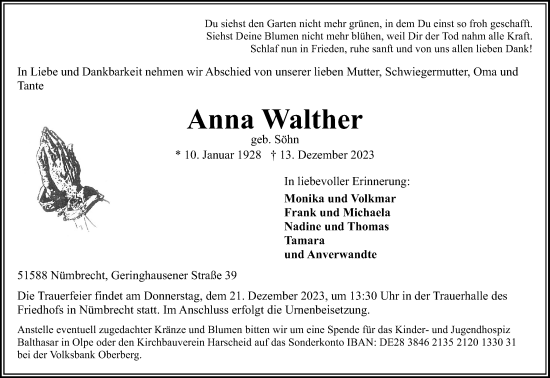Anzeige von Anna Walther von Kölner Stadt-Anzeiger / Kölnische Rundschau / Express