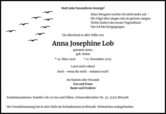 Anzeige von Anna Josephine Lob von Kölner Stadt-Anzeiger / Kölnische Rundschau / Express