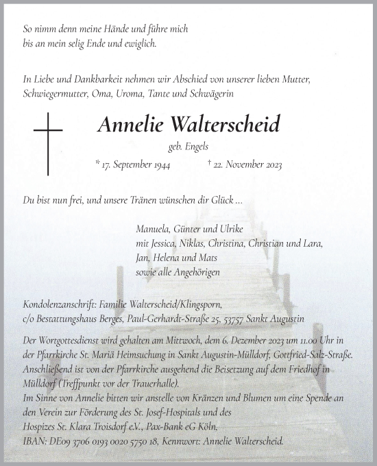 Anzeige von Annelie Walterscheid von Kölner Stadt-Anzeiger / Kölnische Rundschau / Express