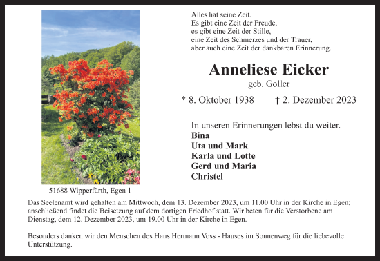 Anzeige von Anneliese Eicker von Kölner Stadt-Anzeiger / Kölnische Rundschau / Express