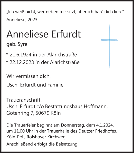 Anzeige von Anneliese Erfurdt von Kölner Stadt-Anzeiger / Kölnische Rundschau / Express