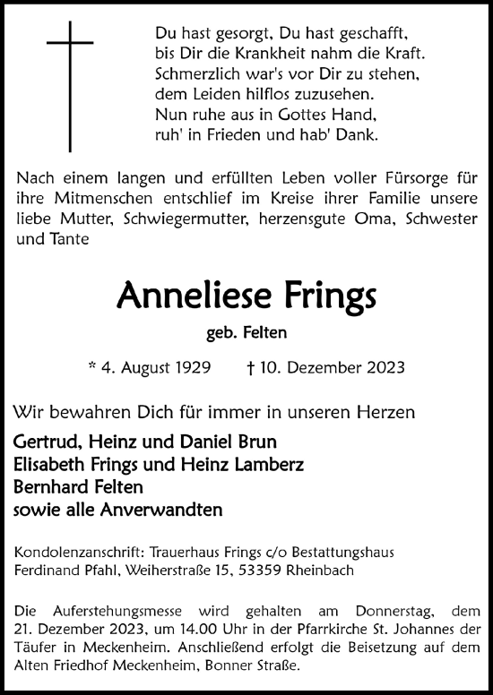 Anzeige von Anneliese Frings von  Schaufenster/Blickpunkt 