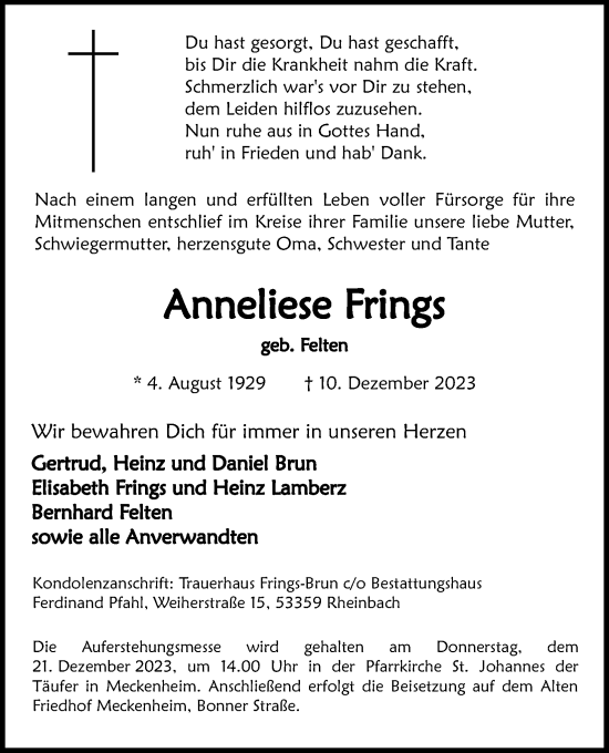Anzeige von Anneliese Frings von Kölner Stadt-Anzeiger / Kölnische Rundschau / Express