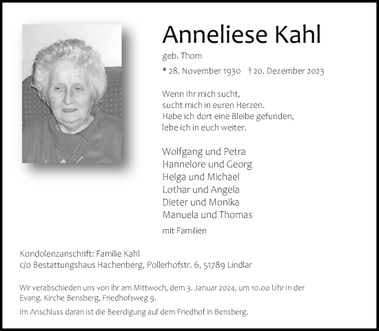 Anzeige von Anneliese Kahl von Kölner Stadt-Anzeiger / Kölnische Rundschau / Express