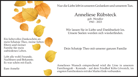 Anzeige von Anneliese Rübsteck von Kölner Stadt-Anzeiger / Kölnische Rundschau / Express