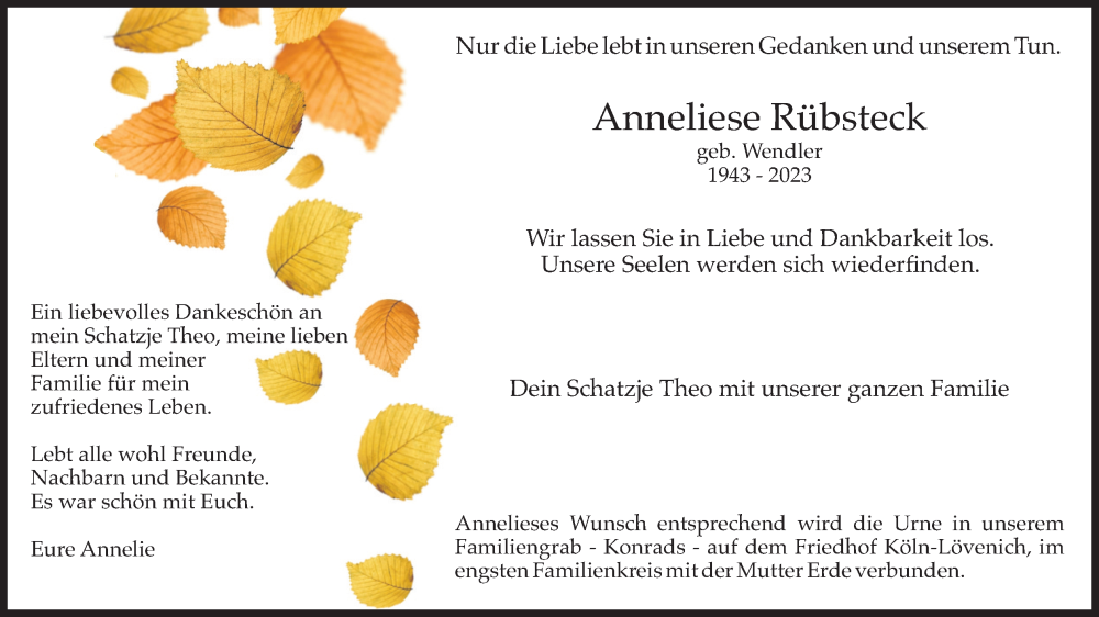  Traueranzeige für Anneliese Rübsteck vom 16.12.2023 aus Kölner Stadt-Anzeiger / Kölnische Rundschau / Express